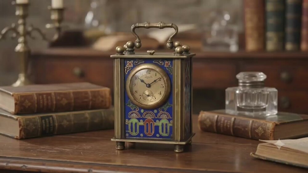 Vintage Cloisonne işçilikli Pirinç Zenith Kurmalı Minyatür Masa Saati - 2