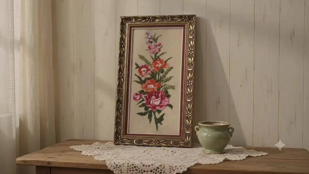 Vintage Alman Ahşap çerçeveli ve Camlı Goblen tablo - 2