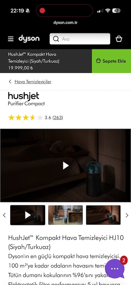Dyson HushJet HJ10 Kompakt Hava Temizleyici Siyah/Turkuaz – SIFIR - 2
