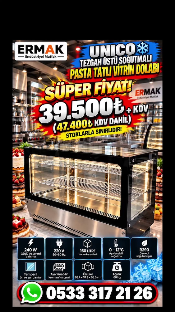 UNICO 160LT 90 CM SET ÜSTÜ SOĞUTMALI PASTA TEŞHİR DOLABI - 2