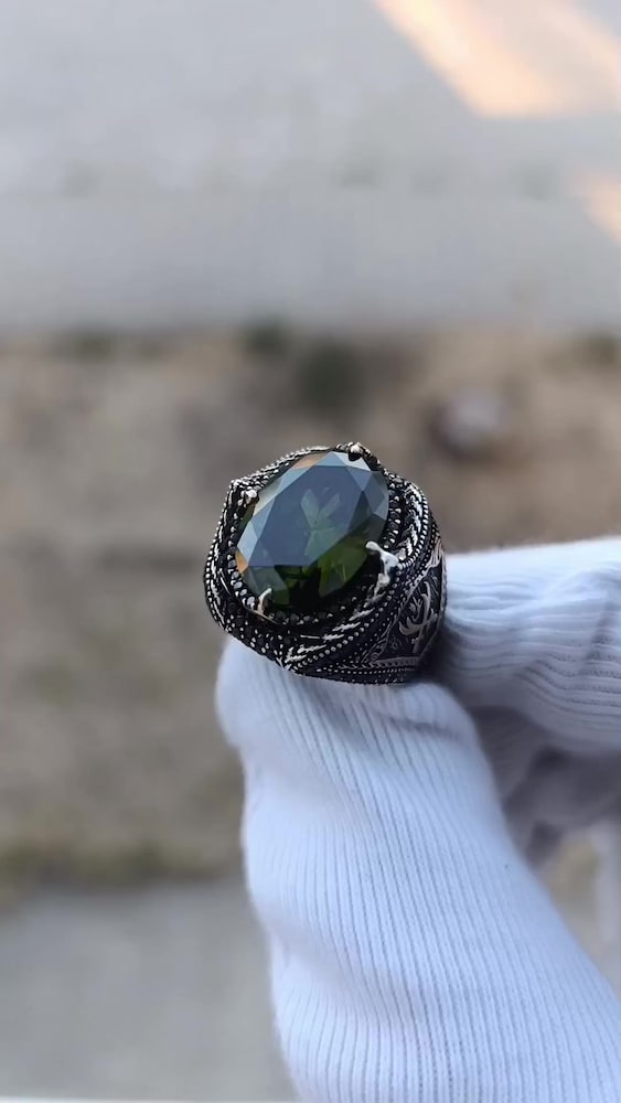 925 Ayar Yeşil Zirkon Gümüş Yüzük - 2